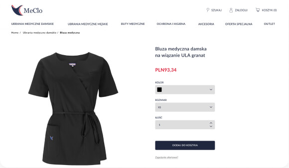 Screenshot ze strony Meclo "Bluza medyczna damska na wiązanie Ula granat"